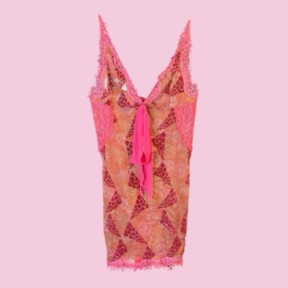 Free‎ People Cherry Juice Boho Mesh Slip Dress Hot Pink & Red Lace Chemise S NWT